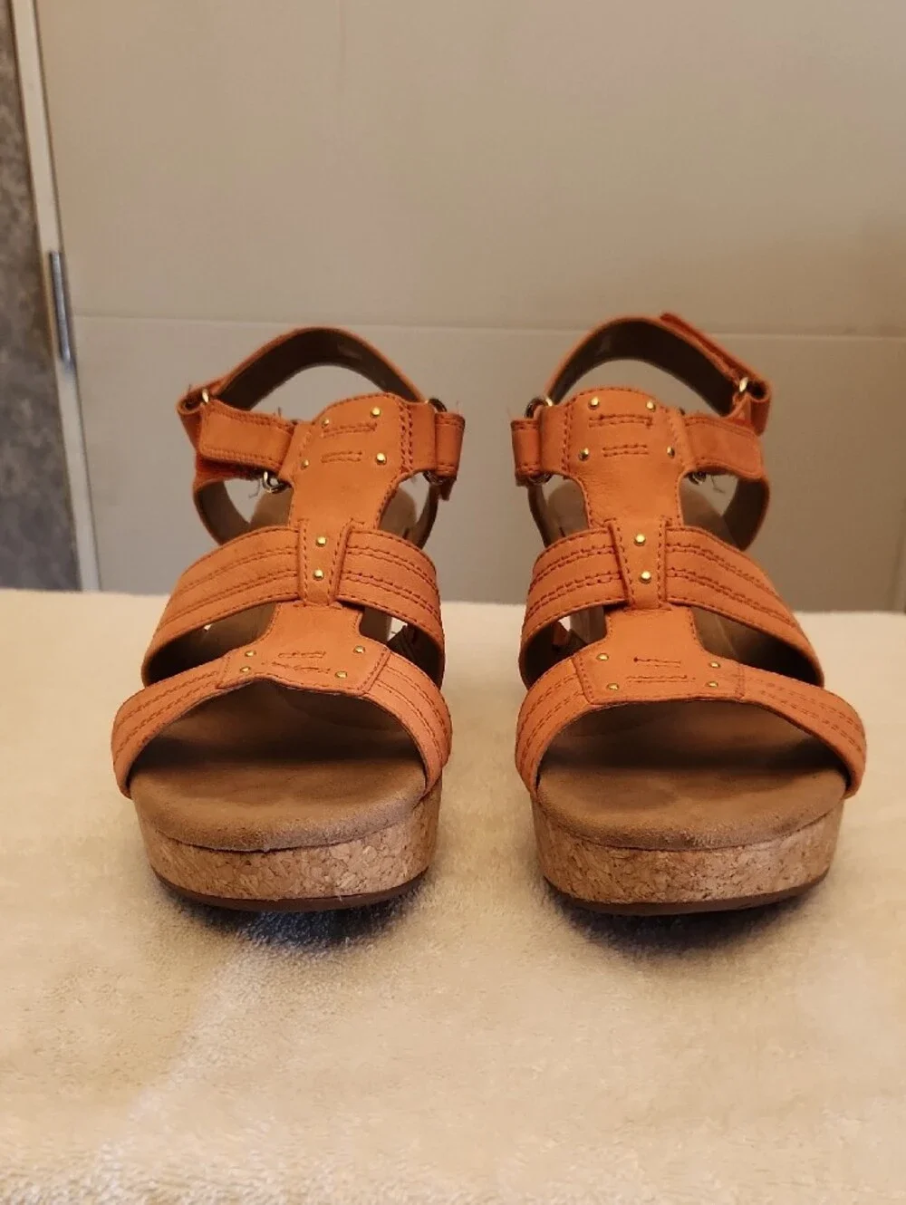 Clarks Women's Orange Cork Wedge Sandals, size 7.5
